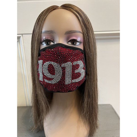 Delta Sigma Theta 1913 Full Rhinestone Bling Face Mask Red - Picture 4 of 11